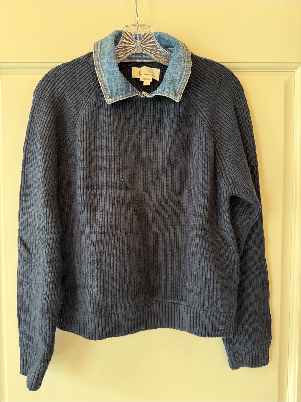 Anthropologie Navy Crewneck Sweater with Detachable Denim Collar - NWT Size S